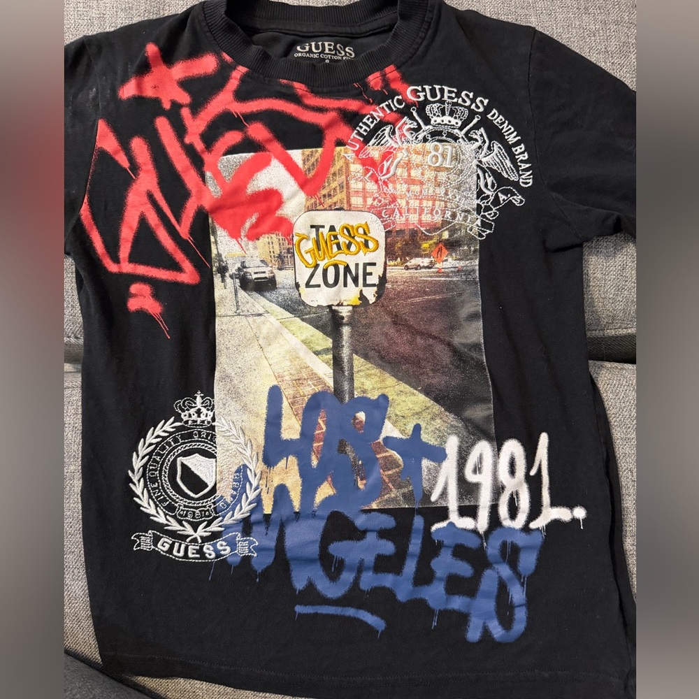 Guess Black Tee Red, Blue, White & Yellow Graffiti Print with embroidery size 8